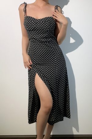 French Vintage Sexy Strapless Lace-Up Black and White Polka Dot Slim-Fit Long Camisole Dress - Y2K Style