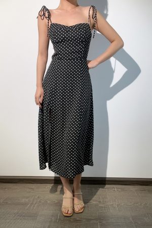 French Vintage Sexy Strapless Lace-Up Black and White Polka Dot Slim-Fit Long Camisole Dress - Y2K Style