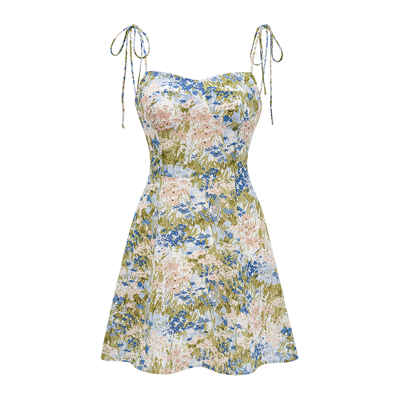 French Vintage Shoulder Tie Printed Slip Dress for Women - Summer A-Line Beach Dress with Slim Waist, Short Skirt, Y2K Style French Vintage Shoulder Tie Printed Slip Dress for Women - Summer A-Line Beach Dress with Slim Waist, Short Skirt, Y2K Style