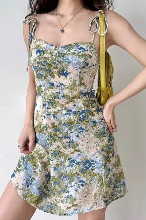 French Vintage Shoulder Tie Printed Slip Dress for Women - Summer A-Line Beach Dress with Slim Waist, Short Skirt, Y2K Style