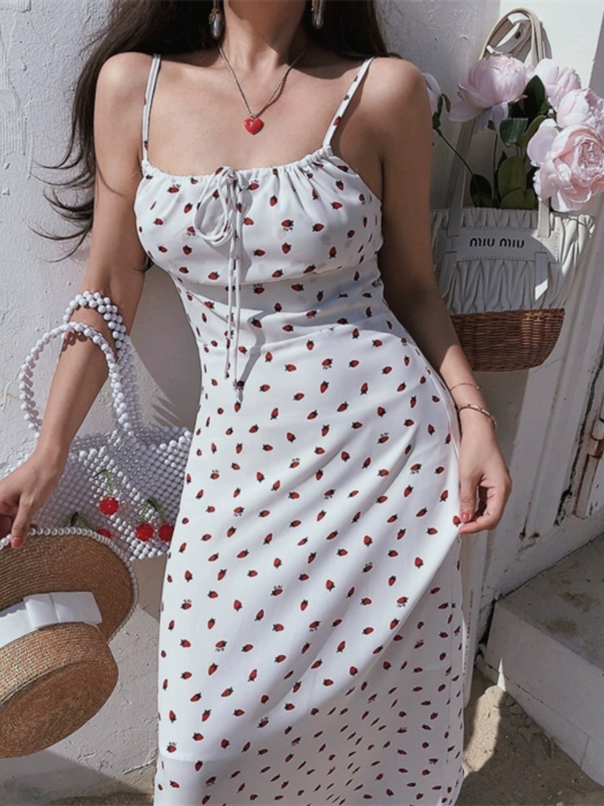 French Vintage Small Strawberry Floral Tie Waist Slip Dress - 2024 Spring Collection, Perfect for Vacation and Y2K Style French Vintage Small Strawberry Floral Tie Waist Slip Dress - 2024 Spring Collection, Perfect for Vacation and Y2K Style