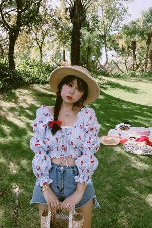 French Vintage Square Neck Puff Sleeve Drawstring Short Crop Top - 2025 Spring/Summer Fashion, Y2K Inspired, Chic Style