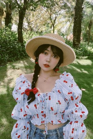 French Vintage Square Neck Puff Sleeve Drawstring Short Crop Top - 2025 Spring/Summer Fashion, Y2K Inspired, Chic Style