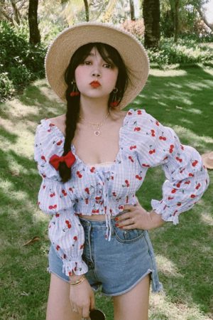 French Vintage Square Neck Puff Sleeve Drawstring Short Crop Top - 2025 Spring/Summer Fashion, Y2K Inspired, Chic Style