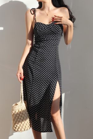 French Vintage Tie Waist Slimming Sexy Side Split Strap Dress - Long Vacation Dress for Women, 90s Inspired Fashion