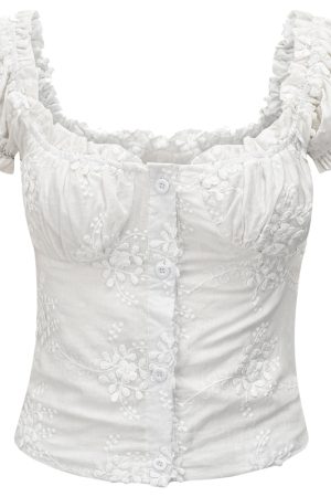 French Vintage U-neck Puff Sleeve White Embroidered Shirt for Women - Slim Fit Short Top, Perfect for Y2K and Casual Chic Style