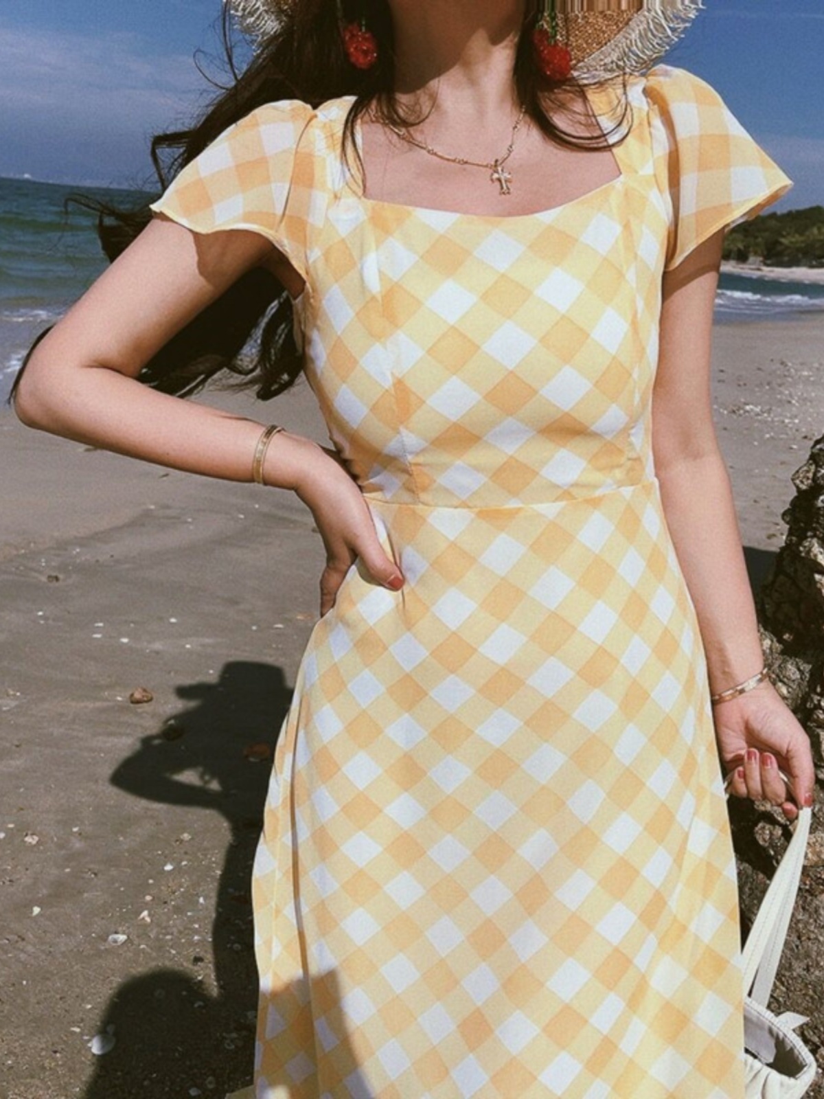 French Vintage Yellow Checkered Mermaid Dress with Small Flare Sleeves for Women - Spring/Summer Vacation Style French Vintage Yellow Checkered Mermaid Dress with Small Flare Sleeves for Women - Spring/Summer Vacation Style