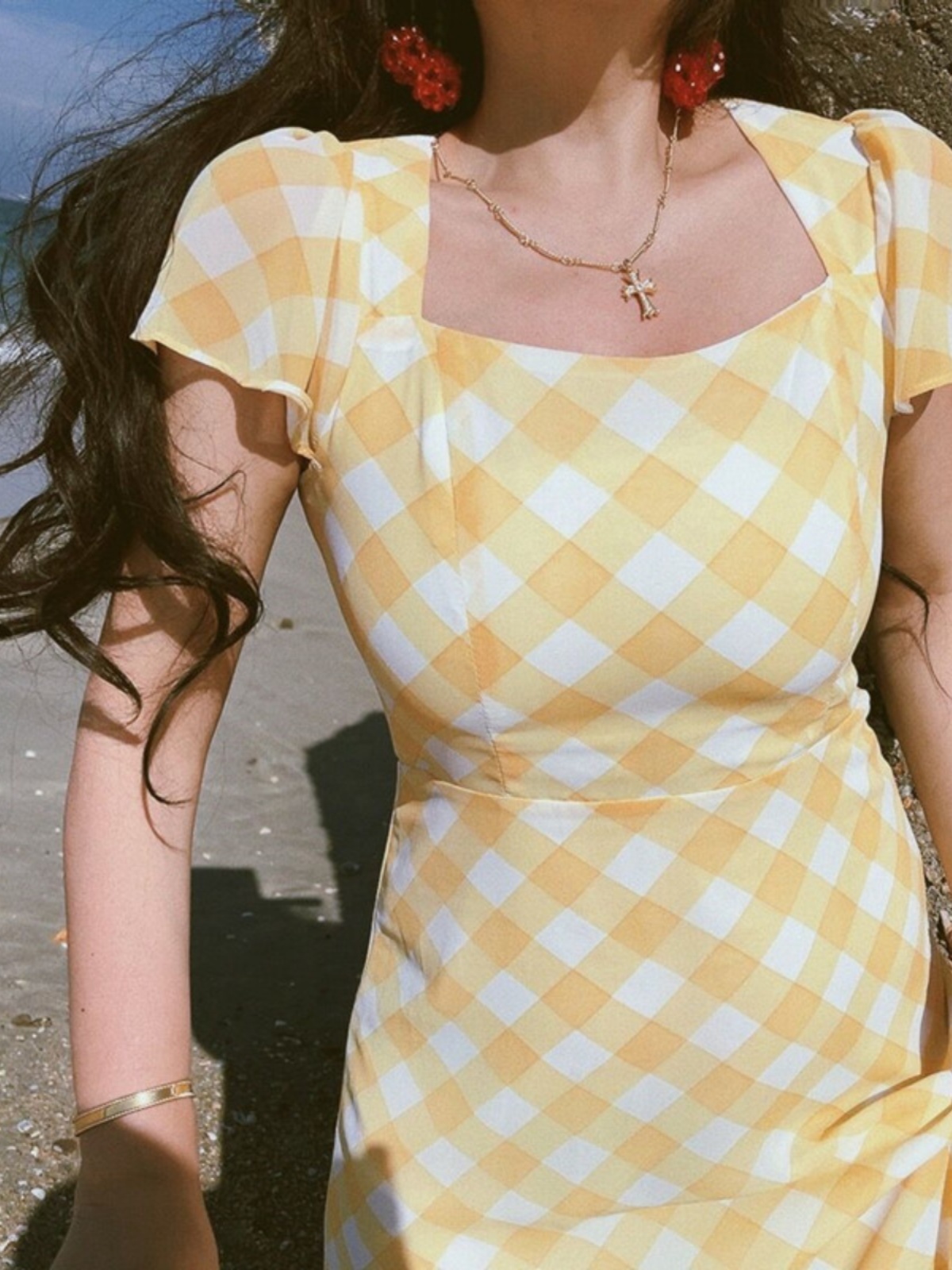 French Vintage Yellow Checkered Mermaid Dress with Small Flare Sleeves for Women - Spring/Summer Vacation Style French Vintage Yellow Checkered Mermaid Dress with Small Flare Sleeves for Women - Spring/Summer Vacation Style