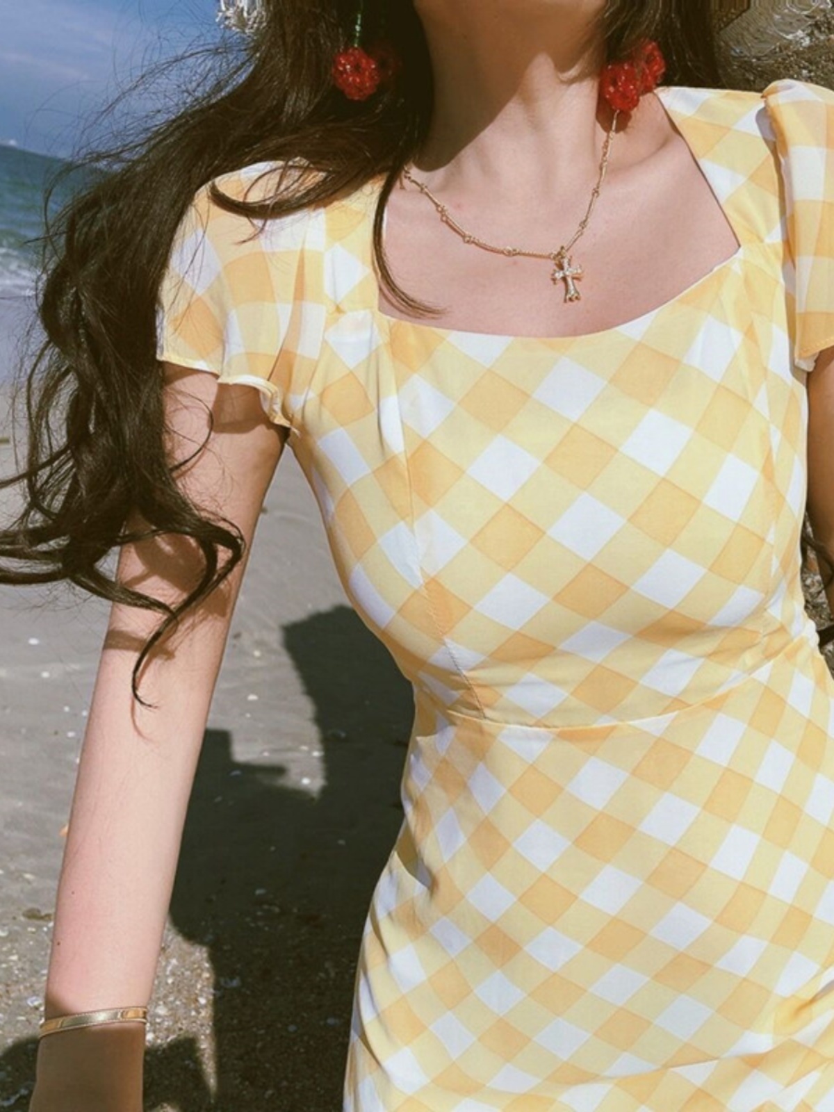 French Vintage Yellow Checkered Mermaid Dress with Small Flare Sleeves for Women - Spring/Summer Vacation Style French Vintage Yellow Checkered Mermaid Dress with Small Flare Sleeves for Women - Spring/Summer Vacation Style