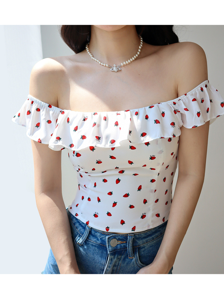 Fresh Girl Short Ruffle Collar Square Neck Strawberry Top with Puff Sleeves - Vacation Ready Women's Blouse Fresh Girl Short Ruffle Collar Square Neck Strawberry Top with Puff Sleeves - Vacation Ready Women's Blouse