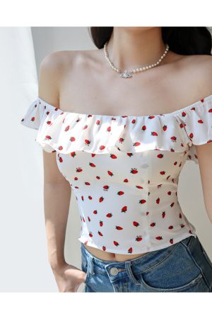 Fresh Girl Short Ruffle Collar Square Neck Strawberry Top with Puff Sleeves - Vacation Ready Women's Blouse