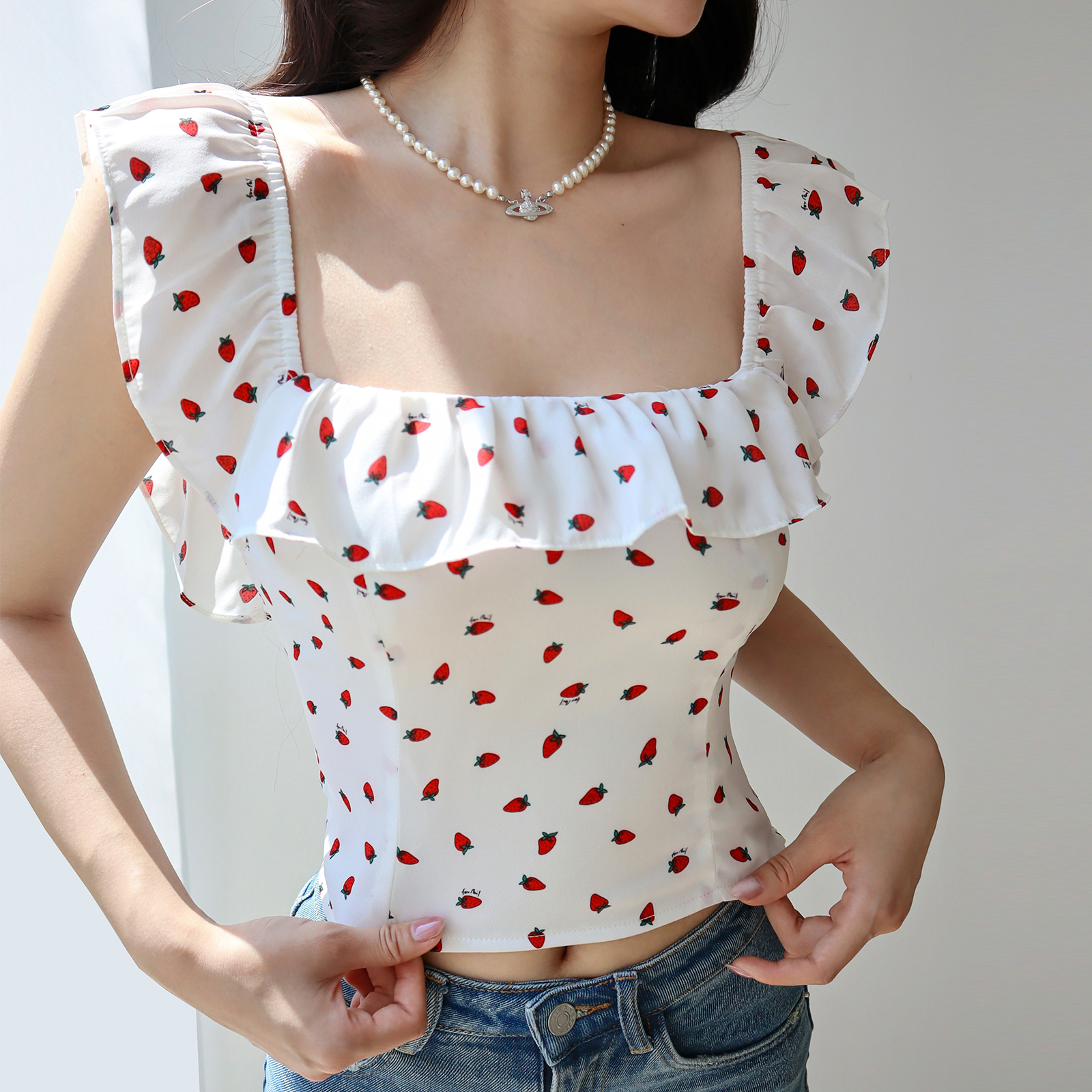 Fresh Girl Short Ruffle Collar Square Neck Strawberry Top with Puff Sleeves - Vacation Ready Women's Blouse Fresh Girl Short Ruffle Collar Square Neck Strawberry Top with Puff Sleeves - Vacation Ready Women's Blouse