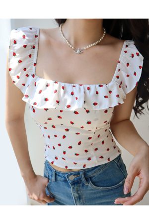 Fresh Girl Short Ruffle Collar Square Neck Strawberry Top with Puff Sleeves - Vacation Ready Women's Blouse