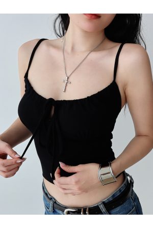 Front Pleated Tie Strap Tank Top for Girls - Slim Fit, Waist-Defining, Short Base Layer - European and American Style