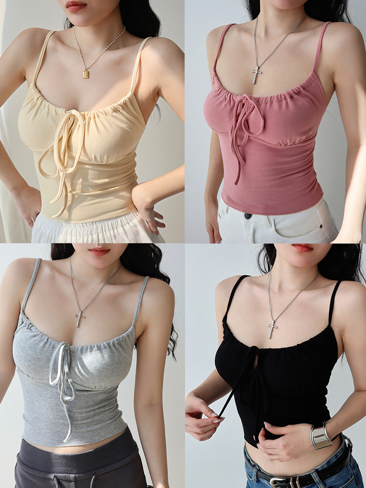 Front Pleated Tie Strap Tank Top for Girls - Slim Fit, Waist-Defining, Short Base Layer - European and American Style Front Pleated Tie Strap Tank Top for Girls - Slim Fit, Waist-Defining, Short Base Layer - European and American Style
