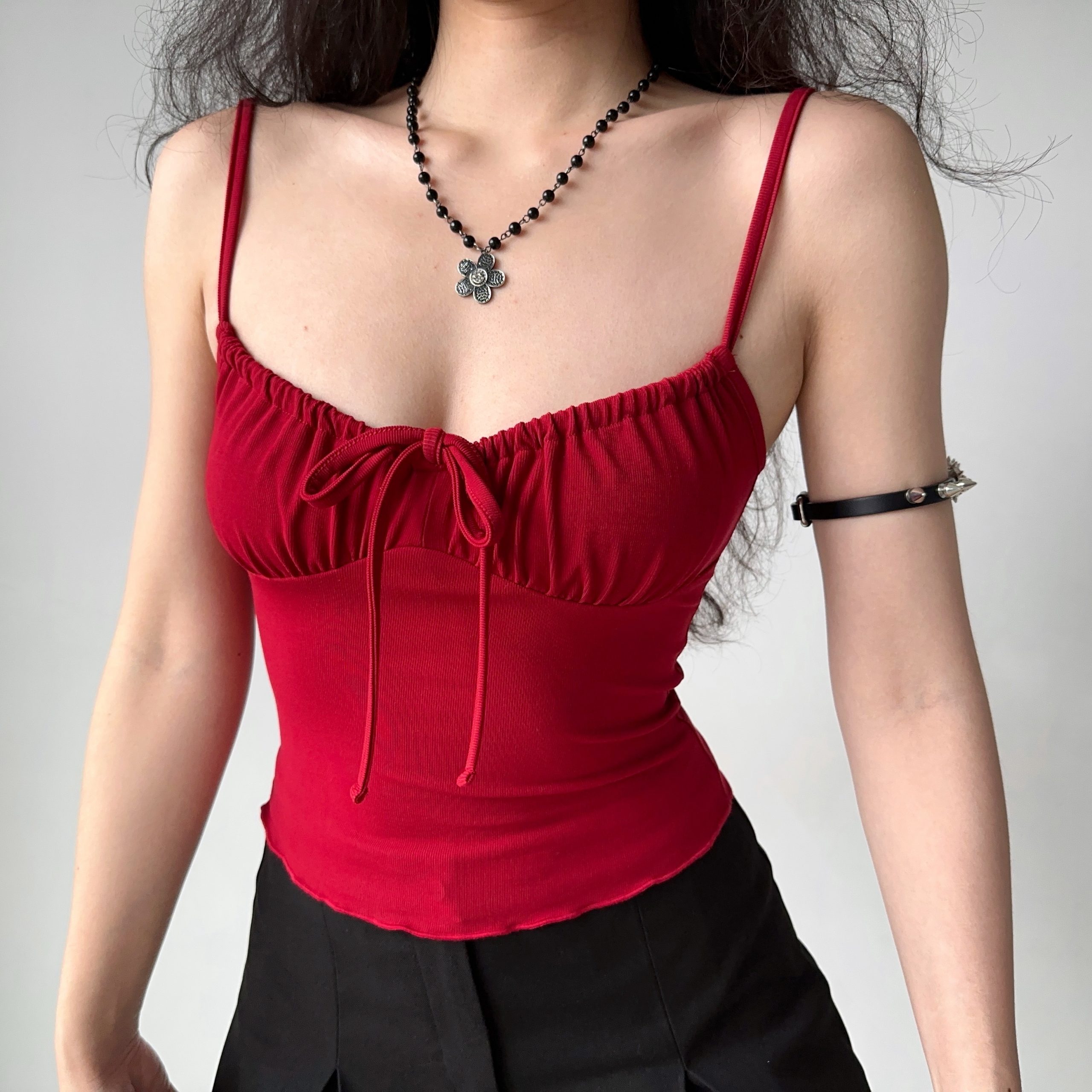 Front Pleated Tie Strap Tank Top for Women - Slim Fit Summer Style, European & American Inspired Front Pleated Tie Strap Tank Top for Women - Slim Fit Summer Style, European & American Inspired