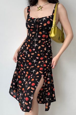 Front Tie Beach Printed Camisole Dress - Summer Mid-Length Split Dress in European and American Style, Perfect for Vacation or Casual Outings