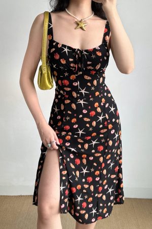 Front Tie Beach Printed Camisole Dress - Summer Mid-Length Split Dress in European and American Style, Perfect for Vacation or Casual Outings