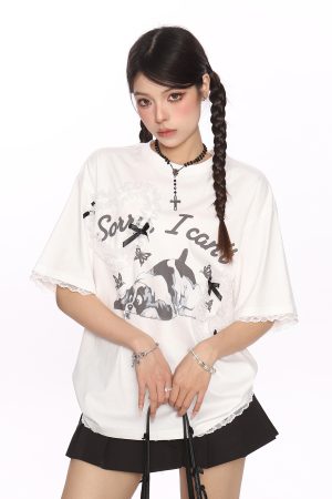 Fun Cartoon Dog Lace Trim Short Sleeve T-Shirt for Women - Summer Casual Top in Cute Y2K Style