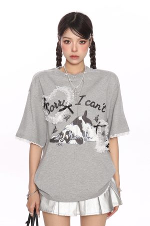 Fun Cartoon Dog Lace Trim Short Sleeve T-Shirt for Women - Summer Casual Top in Cute Y2K Style