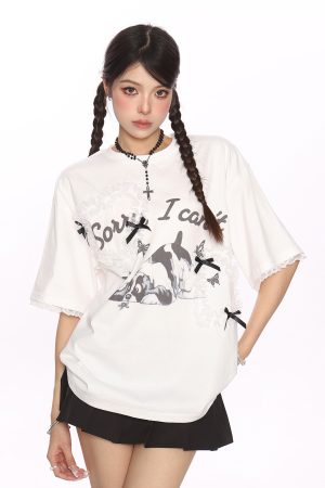 Fun Cartoon Dog Lace Trim Short Sleeve T-Shirt for Women - Summer Casual Top in Cute Y2K Style