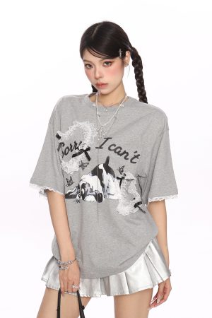 Fun Cartoon Dog Lace Trim Short Sleeve T-Shirt for Women - Summer Casual Top in Cute Y2K Style