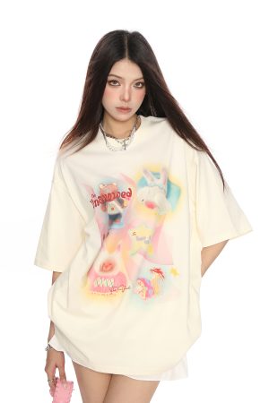 Fun Cartoon Print Graffiti Short Sleeve T-Shirt for Women - Casual Loose Summer Top in Trendy Lazy Style