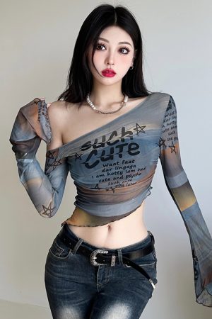 Gradient Off-Shoulder Long Sleeve Mesh T-Shirt for Women with Letter Print and Flared Sleeves - Trendy Y2K Style Top