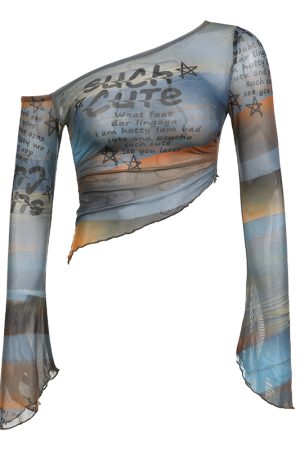 Gradient Off-Shoulder Long Sleeve Mesh T-Shirt for Women with Letter Print and Flared Sleeves - Trendy Y2K Style Top