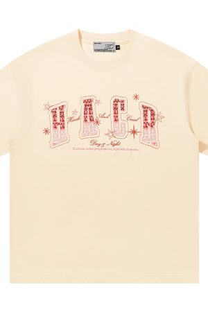 Gradient Woven Patch Embroidery Loose Round Neck Short Sleeve T-Shirt for Men and Women - 90s Inspired Unisex Fashion Top