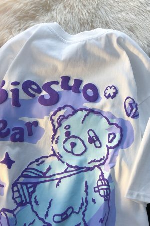 Graffiti Bear Short Sleeve T-Shirt for Men and Women - Plus Size Loose Fit Pure Cotton Casual Couple Tee