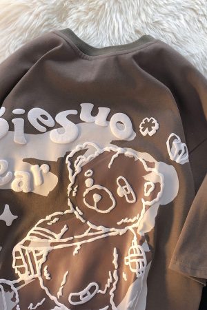 Graffiti Bear Short Sleeve T-Shirt for Men and Women - Plus Size Loose Fit Pure Cotton Casual Couple Tee