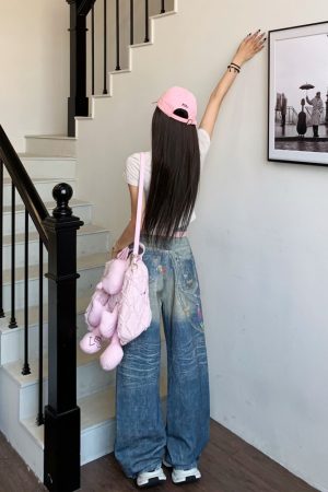 Graffiti Painted Wide Leg Jeans for Women - Summer Straight Leg Floor-Length Pants with Little Bear Chain Design