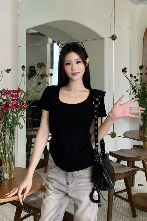Gray Square Neck Short Sleeve T-Shirt for Women - Summer Loose Slim Fit Top - Casual Y2K Style Hot Girl Tee
