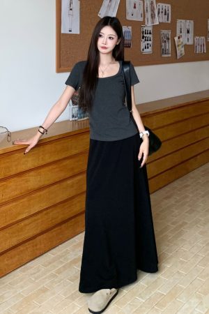 Gray Square Neck Short Sleeve T-Shirt for Women - Summer Loose Slim Fit Top - Casual Y2K Style Hot Girl Tee