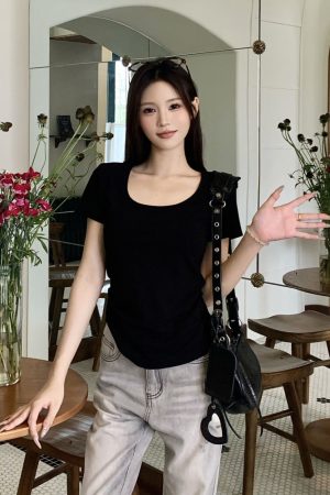 Gray Square Neck Short Sleeve T-Shirt for Women - Summer Loose Slim Fit Top - Casual Y2K Style Hot Girl Tee