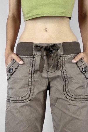 Gray Vintage Low-Waist Tied Straight-Leg Cargo Pants for Women, Versatile Slimming Design, Floor-Length Y2K Dance Pants