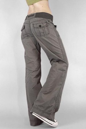 Gray Vintage Low-Waist Tied Straight-Leg Cargo Pants for Women, Versatile Slimming Design, Floor-Length Y2K Dance Pants