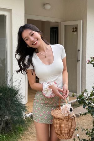 Green French Print A-Line High-Waisted Bodycon Skirt with Built-In Safety Shorts â€“ Trendy 90s Style Mini Skirt for Effortless Chic