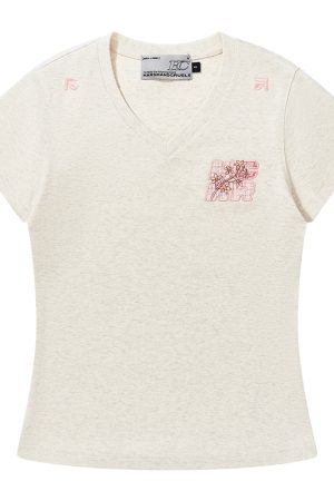 Guava Series Fun Little Embroidered Stretch Slim Fit V-Neck Short Sleeve T-Shirt for Women - Y2K Inspired Fashion Top