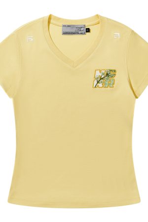 Guava Series Fun Little Embroidered Stretch Slim Fit V-Neck Short Sleeve T-Shirt for Women - Y2K Inspired Fashion Top