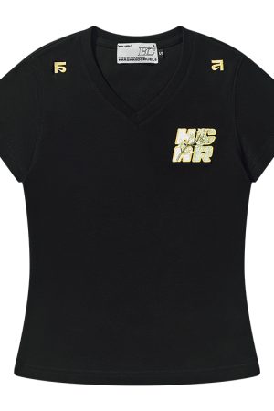 Guava Series Fun Little Embroidered Stretch Slim Fit V-Neck Short Sleeve T-Shirt for Women - Y2K Inspired Fashion Top