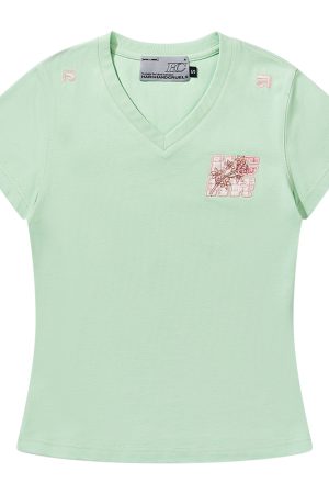 Guava Series Fun Little Embroidered Stretch Slim Fit V-Neck Short Sleeve T-Shirt for Women - Y2K Inspired Fashion Top