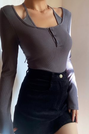 Halter Tie Solid Color Long Sleeve T-Shirt Top - Sexy Fake Two-Piece Design for Early Autumn, European & American Style