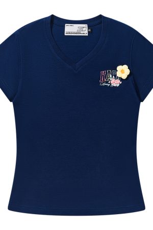 Hand-Drawn 3D Yarn Flower Elastic Slim-Fit V-Neck Short Sleeve T-Shirt for Women - Trendy Floral Design, Perfect for Everyday Wear