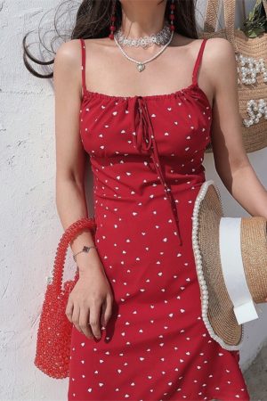 Handmade 2025 Spring/Summer Red Polka Dot French Square Neck Tie Bow Vacation Sling Dress for Women - Y2K Style