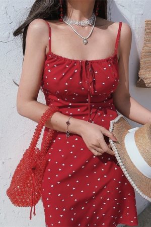 Handmade 2025 Spring/Summer Red Polka Dot French Square Neck Tie Bow Vacation Sling Dress for Women - Y2K Style