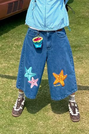 Handmade American Retro Star Embroidery Denim Capris - Summer Unisex Loose Straight Shorts for a Vintage 90s Look