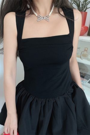 Handmade Black Slip Dress with Wide Shoulder Straps, Square Neckline, Waist-Cinching Design - Vacation Style, Slimming Fit