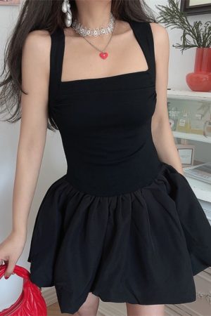 Handmade Black Slip Dress with Wide Shoulder Straps, Square Neckline, Waist-Cinching Design - Vacation Style, Slimming Fit